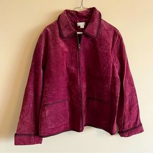 Christopher & Banks Women XL Leather Jacket Coat Full Zip Burgundy w/ Pockets